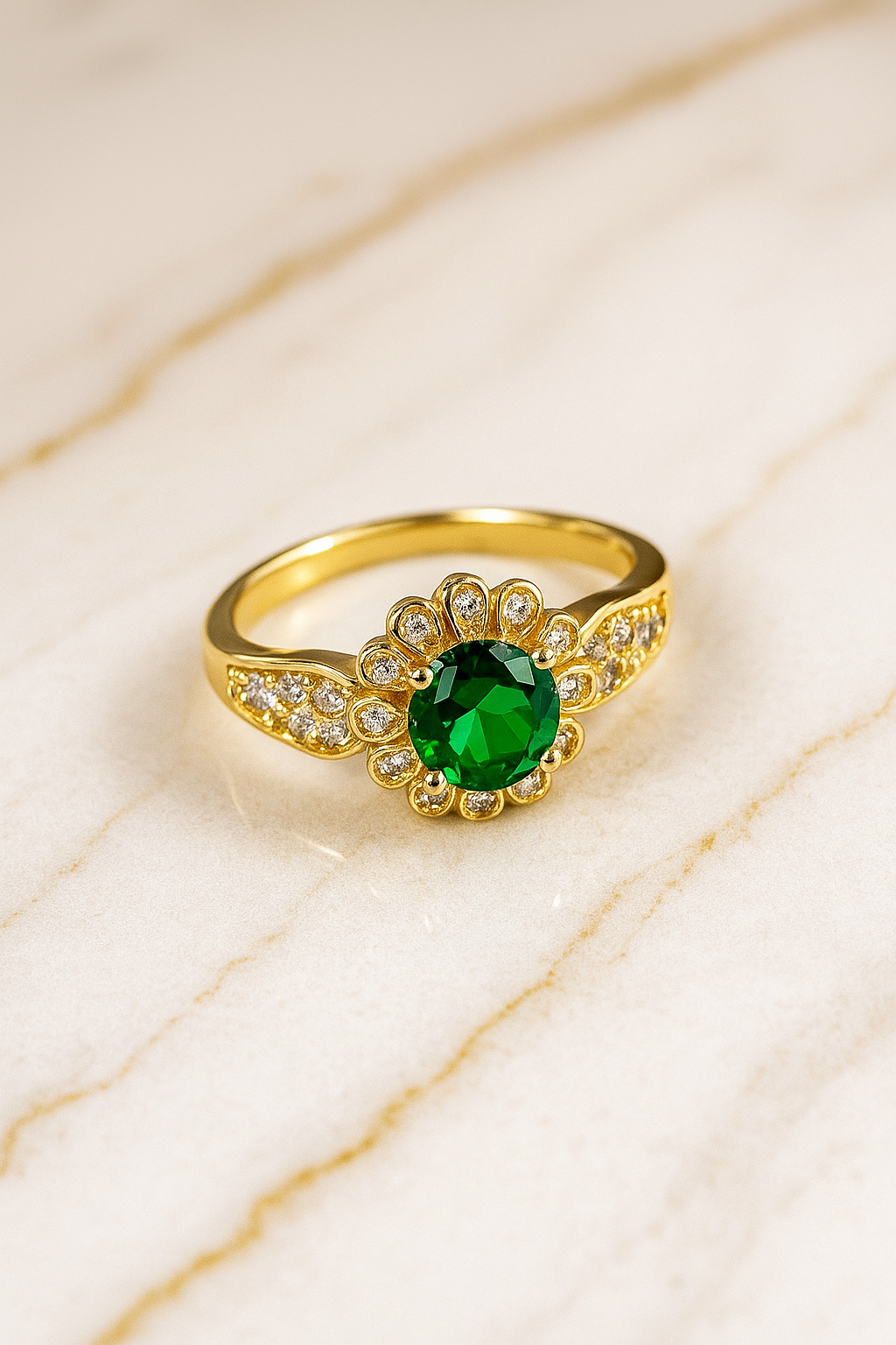 Emerald Bloom | Gold-Plated Ring with Green Stone & CZ Petals