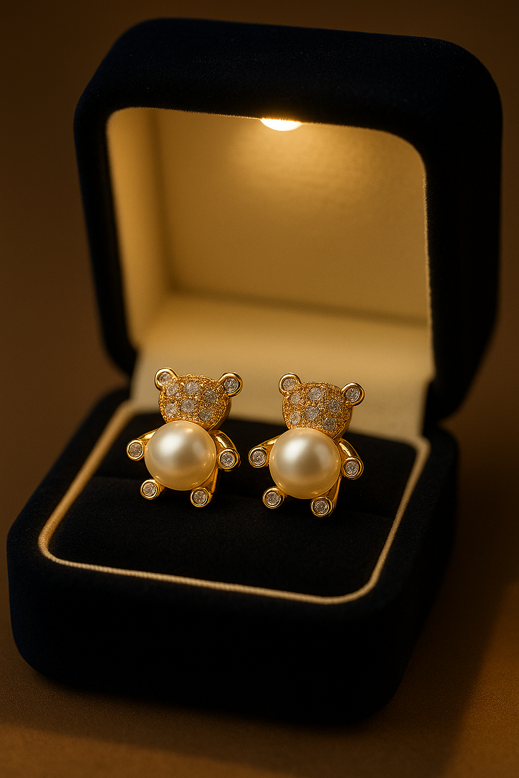 Teddy Bear Charm Drop Earrings – Cute Pearl and Diamond Design