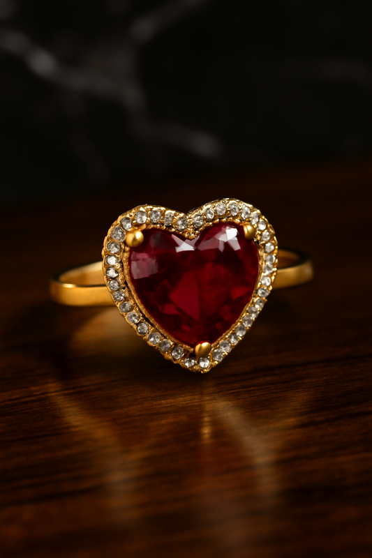 Heart-Shaped Ruby Gold Ring with Diamond Halo