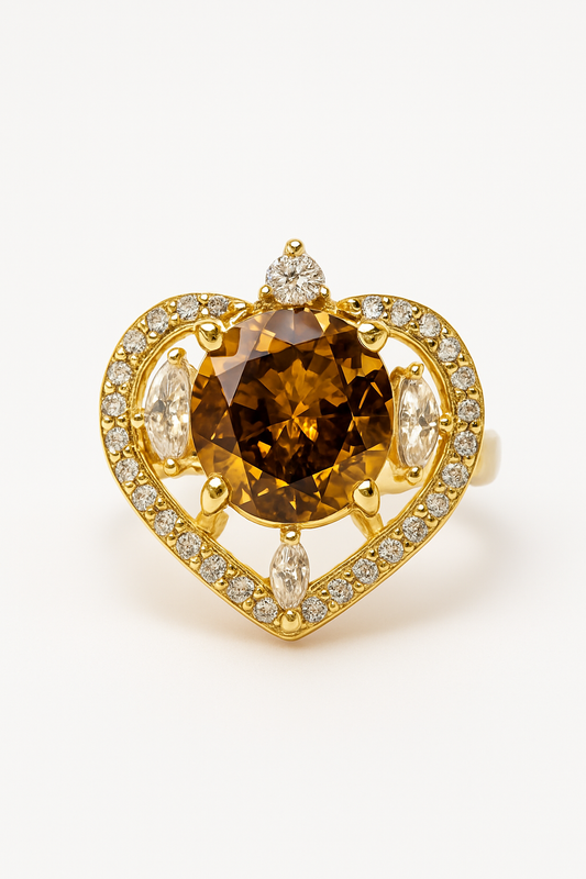 Heart of Elegance | Gold-Plated Ring with Brown Gemstone & Diamond Accents