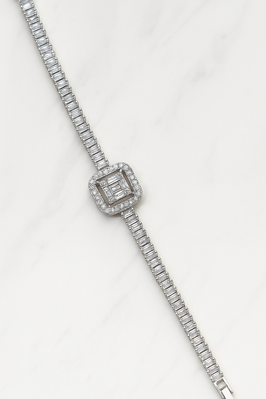 Luxury Cushion-Cut Halo Tennis Bracelet – Silver-Tone with Cubic Zirconia