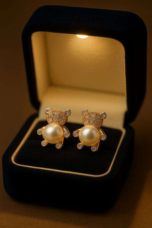 Teddy Bear Charm Drop Earrings – Cute Pearl and Diamond Design